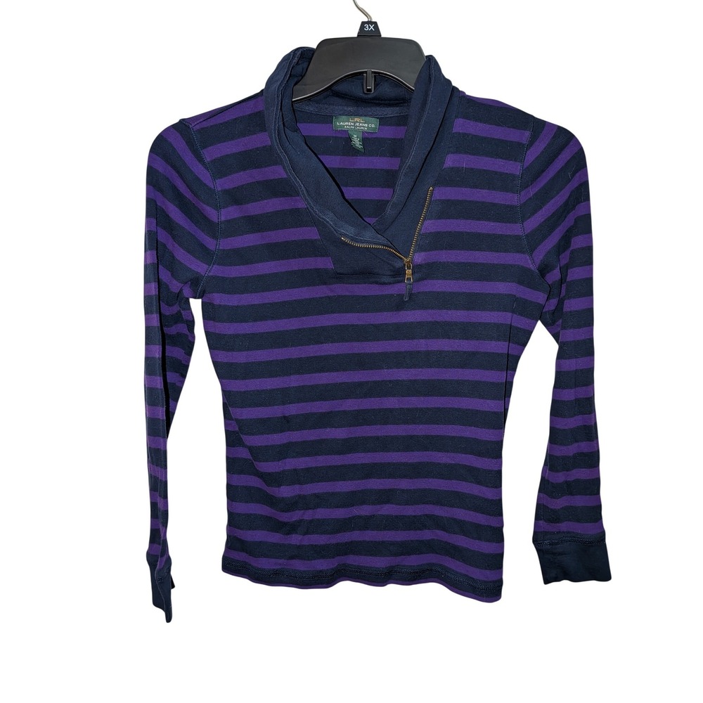 Lauren Ralph Lauren Striped Long Sleeve Quarter Zip Shawl Collar Top Purple Navy